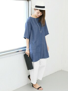 「デニムワンピース」｜「アイテム（チュニック）」を使った、DOORS WOMENSさん（レディース・168cm）の夏コーディネート