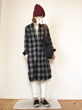 「赤ニット」｜「アイテム（シャツワンピース）」を使った、はなこさん（レディース・160cm）の冬コーディネート