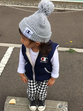 「しまむら（シマムラ）のアイテム（ダウンベスト、ブルー系）」を使った、hijihanさん（キッズ・110cm）の秋コーディネート