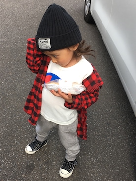 「しまむら（シマムラ）のアイテム（Tシャツ/カットソー、ホワイト系）」を使った、hijihanさん（キッズ・110cm）の秋コーディネート