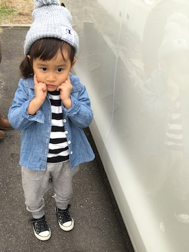 「しまむら（シマムラ）のアイテム（ニットキャップ/ビーニー、グレー系）」を使った、hijihanさん（キッズ・110cm）の秋コーディネート