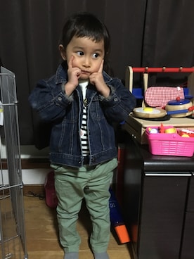 「Daddy oh Daddyのアイテム（デニムジャケット、ブルー系）」を使った、hijihanさん（キッズ・110cm）の秋コーディネート