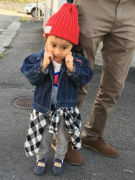 「Daddy oh Daddyのアイテム（デニムジャケット、ブルー系）」を使った、hijihanさん（キッズ・110cm）の秋コーディネート