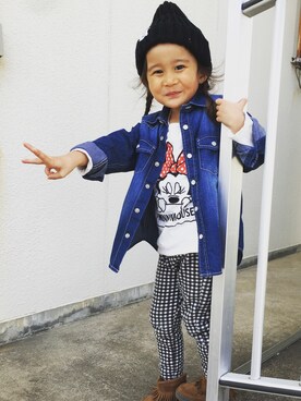 「GU（ジーユー）のアイテム（シャツ/ブラウス、ブルー系）」を使った、hijihanさん（キッズ・110cm）の秋コーディネート