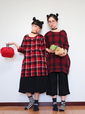 「アイテム（シャツワンピース、レッド系）」を使った、整颗心可成さん（レディース・157cm）の冬コーディネート