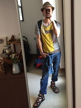 「JOURNAL STANDARD relume（ジャーナルスタンダード　レリューム）のアイテム（ハット）」を使った、おサルさんさん（メンズ・175cm）の夏コーディネート