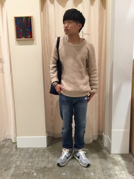 「coen（コーエン）のリブ編みクルーネックコットンニット（ニット/セーター、ホワイト系）」を使った、coen  ひやまっちさん（メンズ・170cm）の冬コーディネート