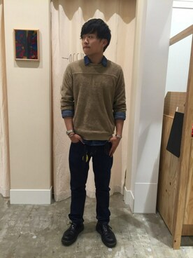 「coen（コーエン）のパイルポケットクルーネックカットソー（Tシャツ/カットソー、ベージュ系）」を使った、coen  ひやまっちさん（メンズ・170cm）の春コーディネート