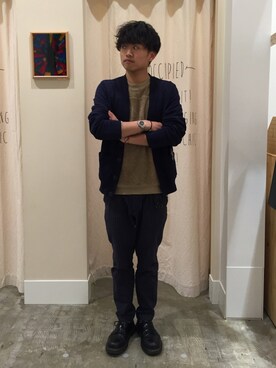 「coen（コーエン）のUSAコットンカーディガン（カーディガン/ボレロ、ブルー系）」を使った、coen  ひやまっちさん（メンズ・170cm）の春コーディネート