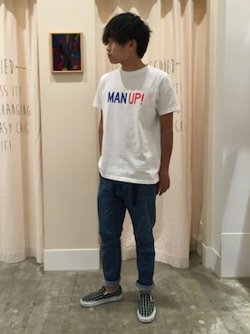 「coen（コーエン）のアイテム（Tシャツ/カットソー、ホワイト系）」を使った、coen  ひやまっちさん（メンズ・170cm）の夏コーディネート