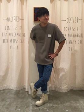 「coen（コーエン）のミニワッフルサーマルビッグT（Tシャツ/カットソー、ベージュ系）」を使った、coen  ひやまっちさん（メンズ・170cm）の夏コーディネート