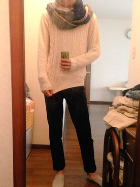 「BROWNY VINTAGEのアイテム（ニット/セーター、ホワイト系）」を使った、へーやんさん（メンズ）の秋コーディネート