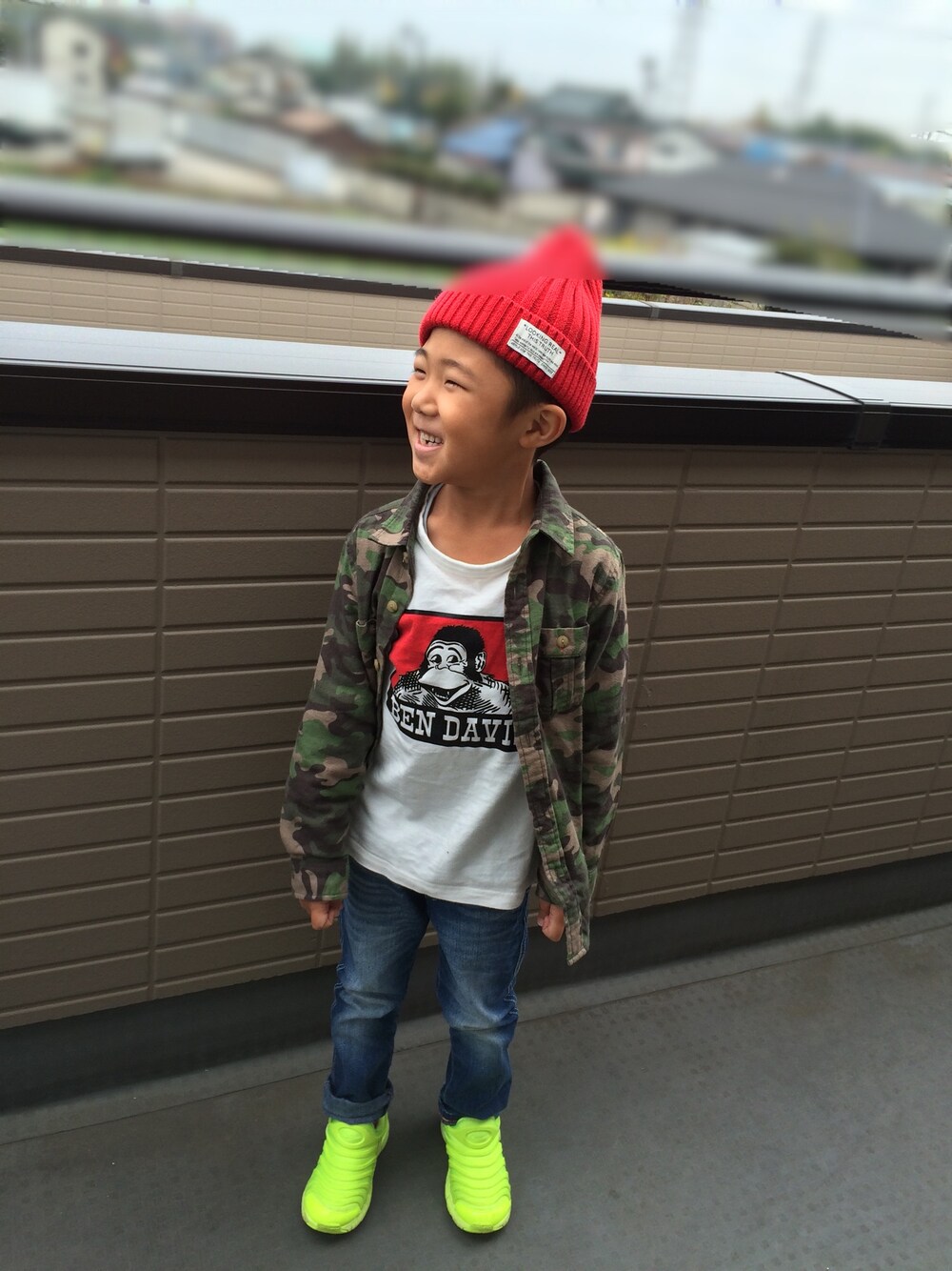 「カモフラ、キッズコーデ、kids」｜「UNIQLOのアイテム（シャツ/ブラウス、グリーン系）」を使った、s.s.m.h☆さん（キッズ・110cm）の秋コーディネートの1枚目の写真