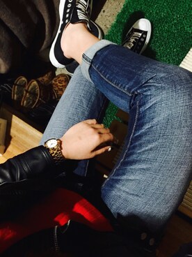 「CONVERSE（コンバース）のCONVERSE / ALL STAR BIGLOGO R SLIP OX（スニーカー、ブラック系）」を使った、0さん（レディース・155cm）の冬コーディネート