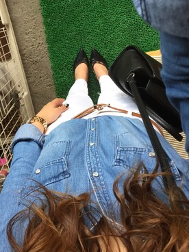 「GU（ジーユー）のアイテム（シャツ/ブラウス、ブルー系）」を使った、0さん（レディース・155cm）の春コーディネート