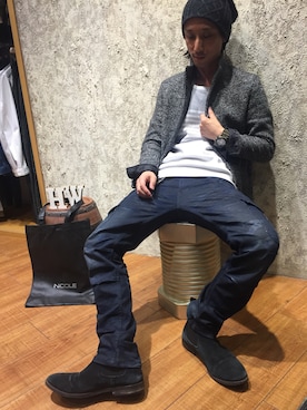 「アイテム（カーゴパンツ、ブルー系）」を使った、ハイダウェイ 直方さん（メンズ・165cm）の冬コーディネート