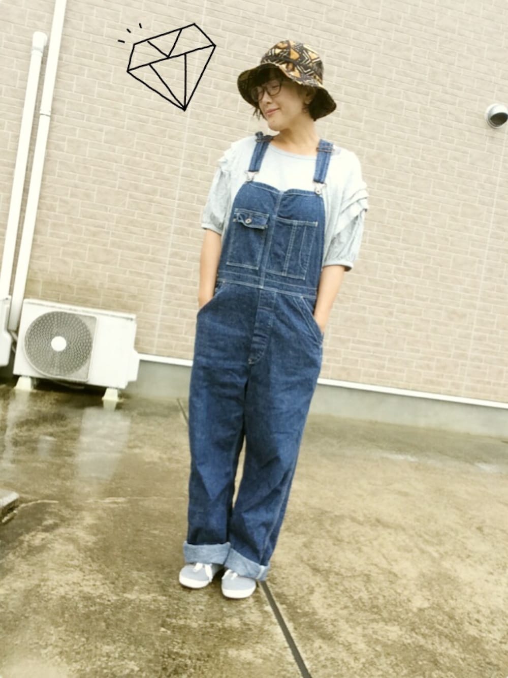 「サロペット、orslow、ハットコーデ、シンプルコーデ、ママコーデ、ニナーズ」｜「BEAMS BOYのorslow / OVERALL（つなぎ/オールインワン、ブルー系）」を使った、wasanbon*さん（レディース・155cm）の夏コーディネートの1枚目の写真
