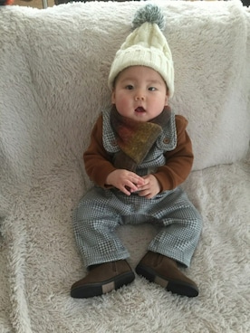 「petit main（プティマイン）のロゴデザイン裏起毛トレーナー（スウェット）」を使った、toooomaさん（キッズ・70cm）の冬コーディネート