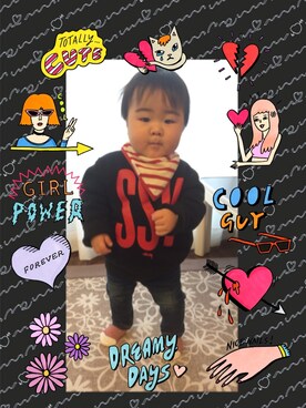 「STUSSY（ステューシー）のアイテム（ナイロンジャケット）」を使った、RKkunさん（キッズ・70cm）の冬コーディネート