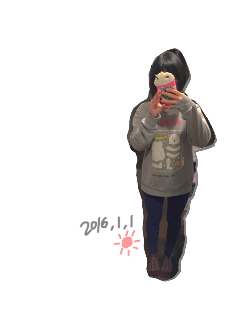 グレー系のニット/セーター、ブルー系のその他パンツ、ピンク系のその他小物を着用したレディースの冬コーディネートの1枚目の写真