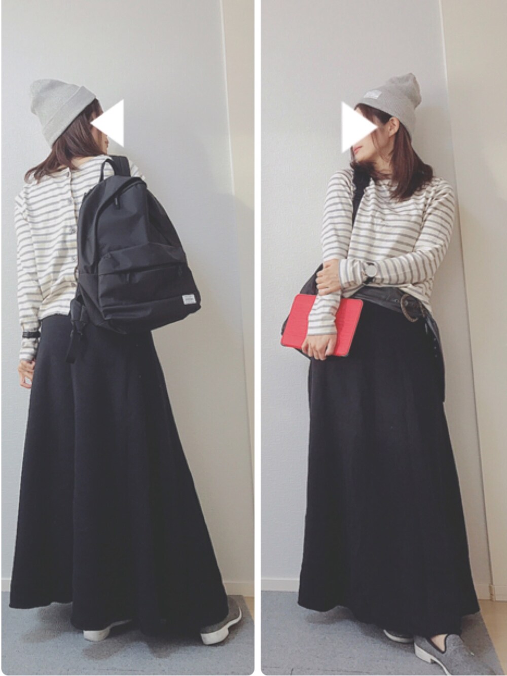 ホワイト系のTシャツ/カットソー、ブラック系のスリッポン、ブラック系のバックパック/リュックを着用したレディースの秋コーディネートの1枚目の写真