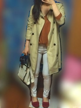 「ストライプパンツ」｜「アイテム（トレンチコート）」を使った、ちぃ♡さん（レディース・162cm）の春コーディネート