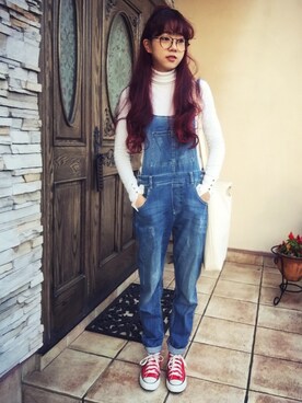 「赤髪」｜「アイテム（オールインワン・サロペット）」を使った、さらゆにこーんさん（レディース・162cm）の秋コーディネート