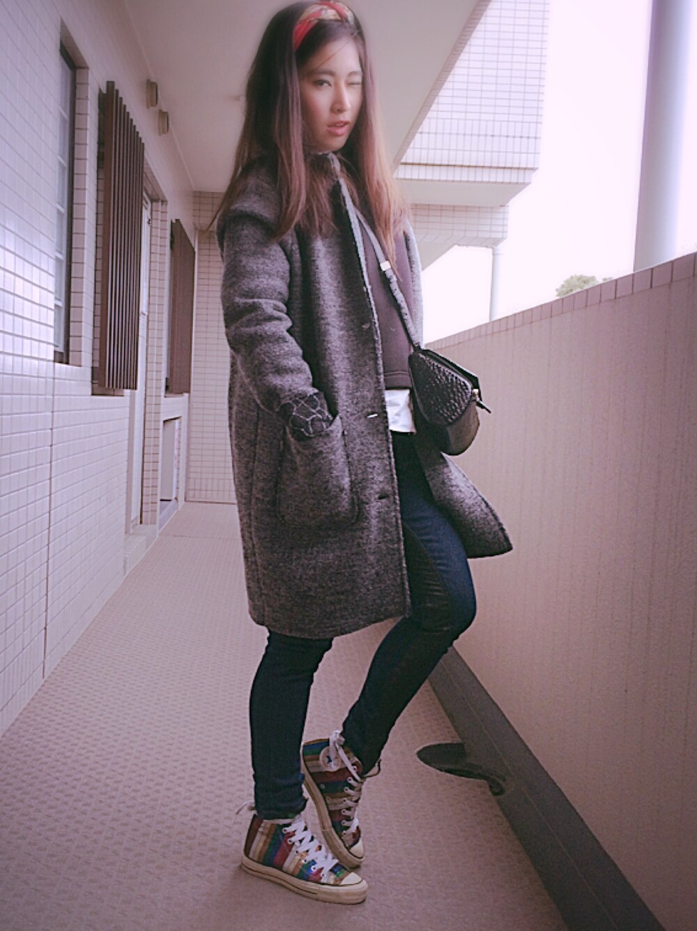 「girl、outfit、ootd、fashion、winter、Japan」｜「DIESELのアイテム（その他アウター、グレー系）」を使った、N@さん（レディース・160cm）の冬コーディネートの1枚目の写真