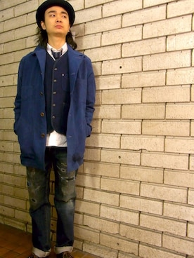 「インディゴデニム」｜「アイテム（その他アウター）」を使った、sunhouse神南さん（メンズ・175cm）の冬コーディネート
