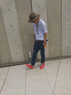 「GLOBAL WORK（グローバルワーク）のフェルトロングブリムハット/705078（ハット）」を使った、Shun Shunさん（メンズ・173cm）の夏コーディネート