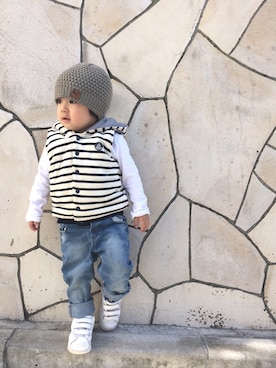 「PETIT BATEAU（プチバトー）のアイテム（ダウンベスト）」を使った、akiさん（キッズ・80cm）の秋コーディネート
