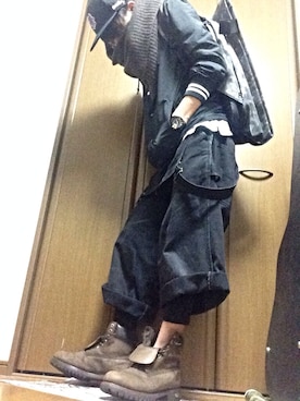 「アイテム（ストール/ショール、ブラウン系）」を使った、daikeyさん（メンズ・173cm）の冬コーディネート