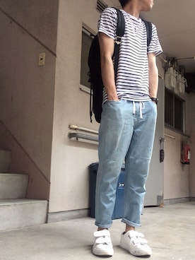 「HARE（ハレ）のダブルベルトスニーカー(HARE)（スニーカー）」を使った、yusukeさん（メンズ・164cm）の春コーディネート