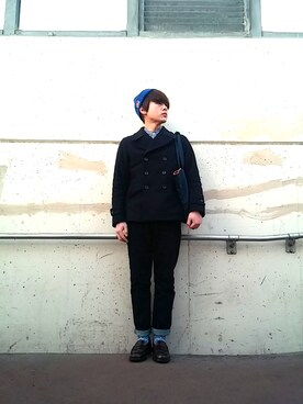 「ニットキャップ」｜「アイテム（ピーコート）」を使った、じょりーさん（メンズ・170cm）の春コーディネート