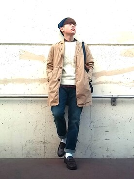 「赤チェック」｜「アイテム（ステンカラーコート）」を使った、じょりーさん（メンズ・170cm）の秋コーディネート
