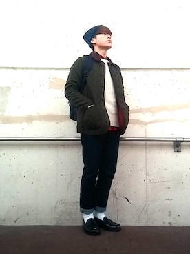 「赤チェック」｜「アイテム（その他アウター）」を使った、じょりーさん（メンズ・170cm）の冬コーディネート