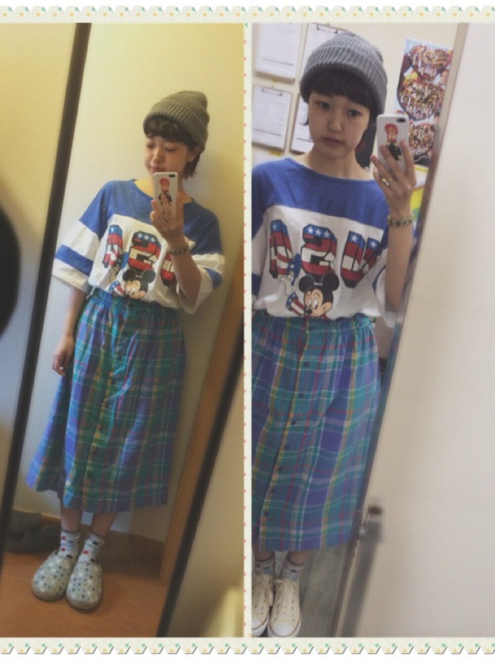 「used、全身古着、古着、ミッキー、カラフル、converse、コンバース、ニット帽、USA、水玉ソックス」｜「usedのミッキーTシャツ（Tシャツ/カットソー、ブルー系）」を使った、△さん（レディース・157cm）の夏コーディネートの1枚目の写真