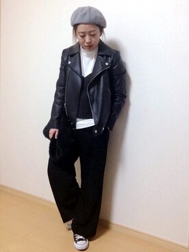 「ニットキャミソール」｜「アイテム（ライダースジャケット）」を使った、♡YUPPY♡さん（レディース・156cm）の冬コーディネート