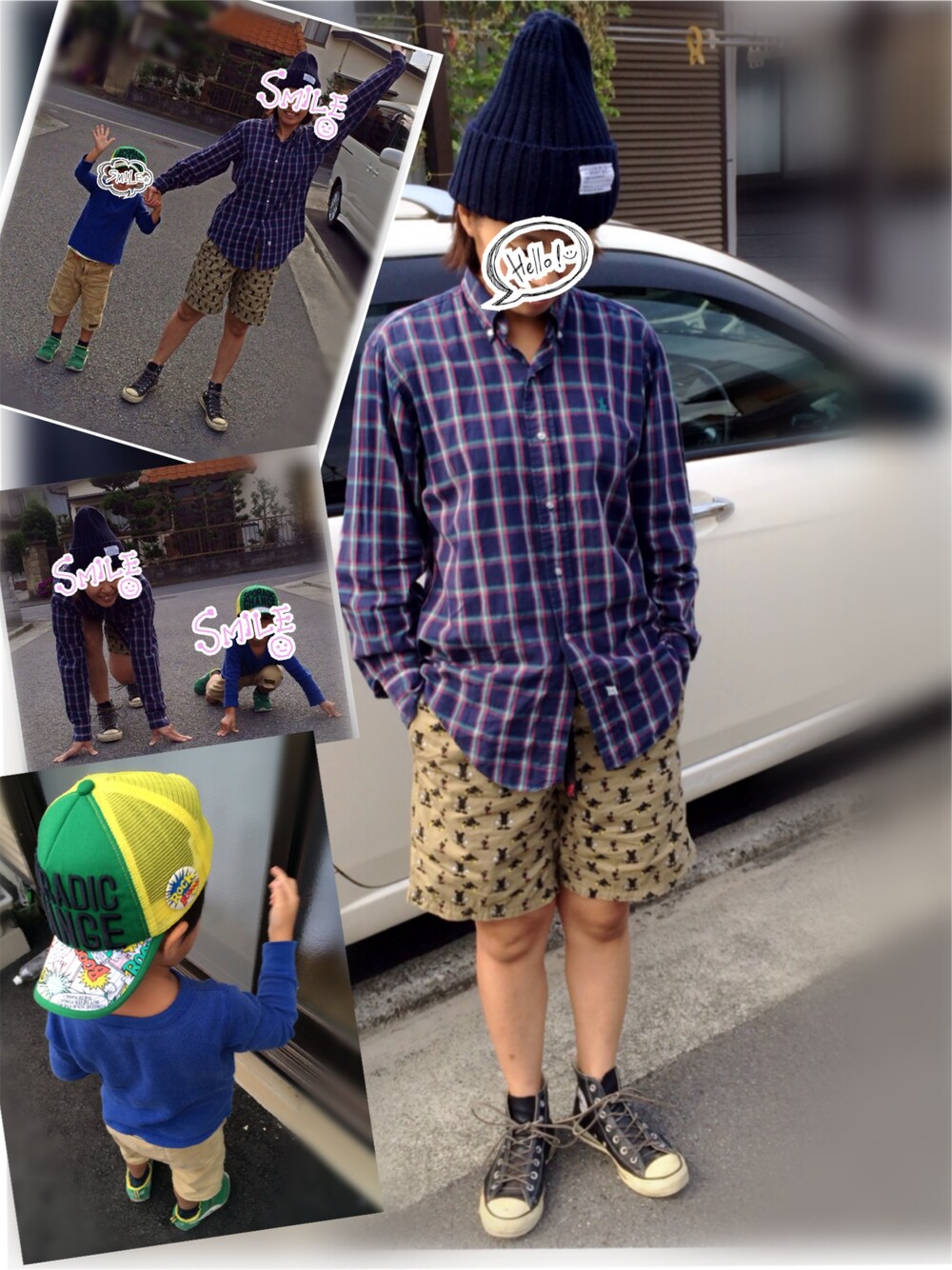 ブルー系のシャツ/ブラウス、ベージュ系のその他パンツ、ブルー系のニットキャップ/ビーニーを着用したレディースの秋コーディネートの1枚目の写真