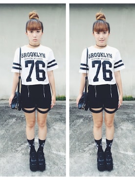 「雙拉鍊短褲（その他パンツ、ブラック系）」を使った、西野緑さん（レディース・157cm）の夏コーディネート