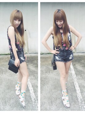 「FOREVER 21（フォーエバー トゥエンティーワン）のアイテム（その他パンツ、ブラック系）」を使った、西野緑さん（レディース・157cm）の夏コーディネート