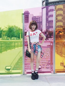 「FOREVER 21（フォーエバー トゥエンティーワン）のアイテム（バッグ、ブラック系）」を使った、西野緑さん（レディース・157cm）の春コーディネート