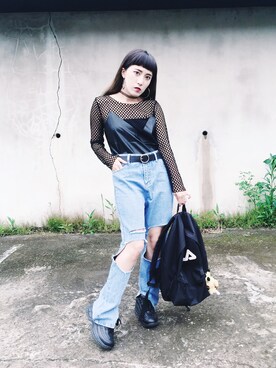 「FILA（フィラ）のアイテム（バックパック/リュック、ブラック系）」を使った、西野緑さん（レディース・157cm）の春コーディネート