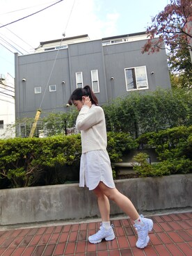 「GU（ジーユー）のアイテム（ニット/セーター、ホワイト系）」を使った、Mayumiさん（レディース・158cm）の秋コーディネート
