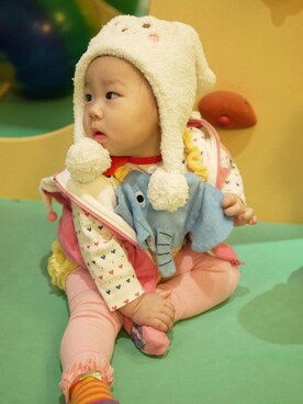 「アイテム（カーゴパンツ、イエロー系）」を使った、🍌MIUMIU Tsai ®🍌さん（キッズ・70cm）の冬コーディネート