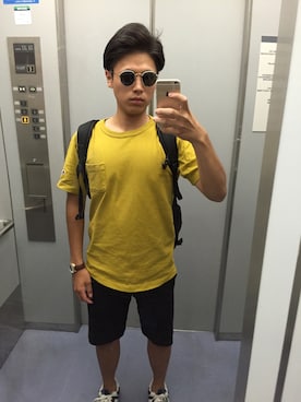「JOURNAL STANDARD（ジャーナルスタンダード）の【追加】Champion T1011 JS Exclusive 半袖Teeシャツ/チャンピオン #（Tシャツ/カットソー、イエロー系）」を使った、kokiさん（メンズ）の夏コーディネート