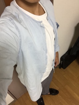 「HARE（ハレ）のノーカラーデニムシャツ７分袖(HARE)（シャツ/ブラウス、ブルー系）」を使った、kokiさん（メンズ）の夏コーディネート