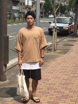 「HARE（ハレ）のワイドスリーブカットソー(HARE)（Tシャツ/カットソー、ベージュ系）」を使った、kokiさん（メンズ）の夏コーディネート