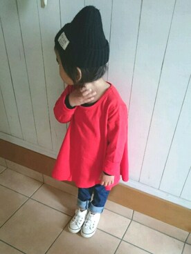 「アイテム（チュニック、レッド系）」を使った、NANA¨̮*⑅さん（キッズ・100cm）の秋コーディネート