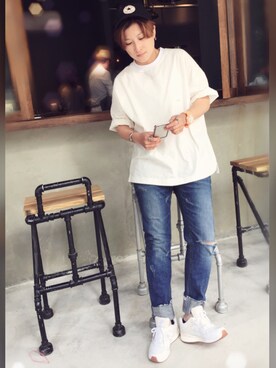 「NEW BALANCE（ニューバランス）のアイテム（シューズ、ホワイト系）」を使った、L.Tさんの夏コーディネート